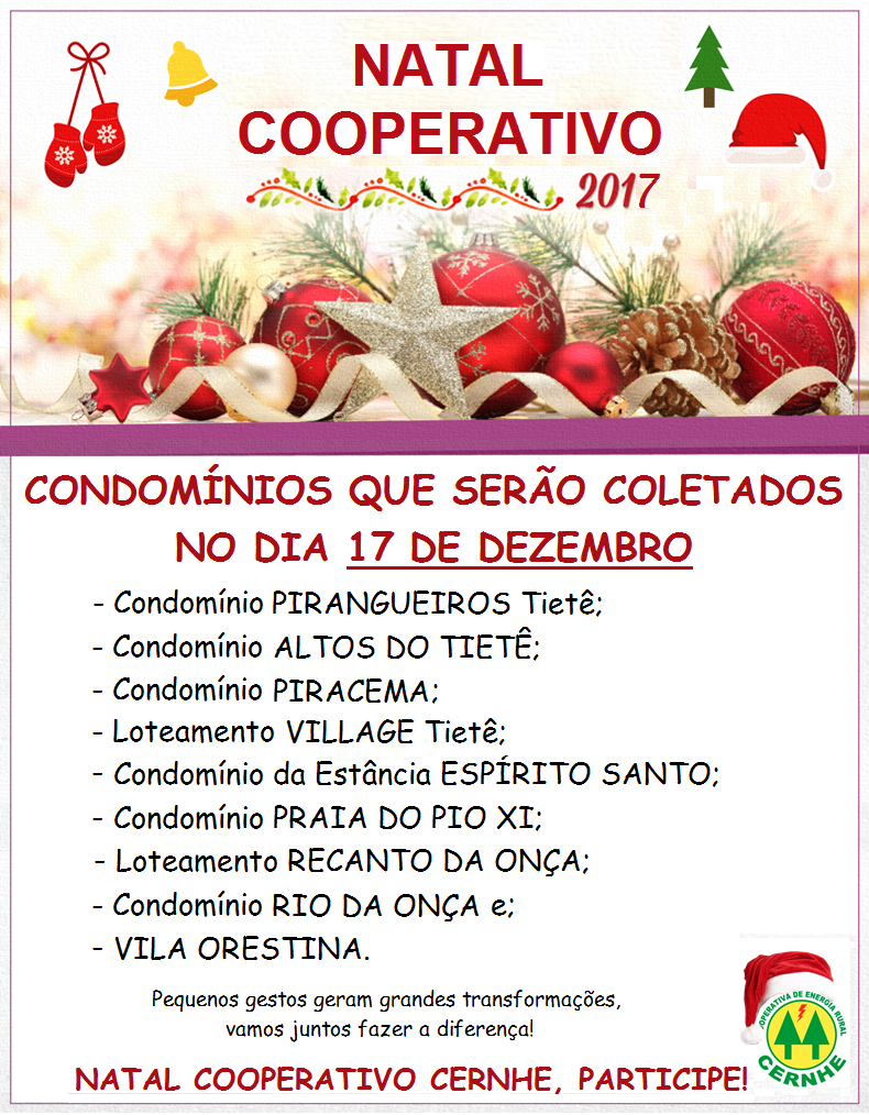 ORIENTAÇÃO NATAL COOPERATIVO CERNHE 2017 - COLETA DO DIA 17/12
