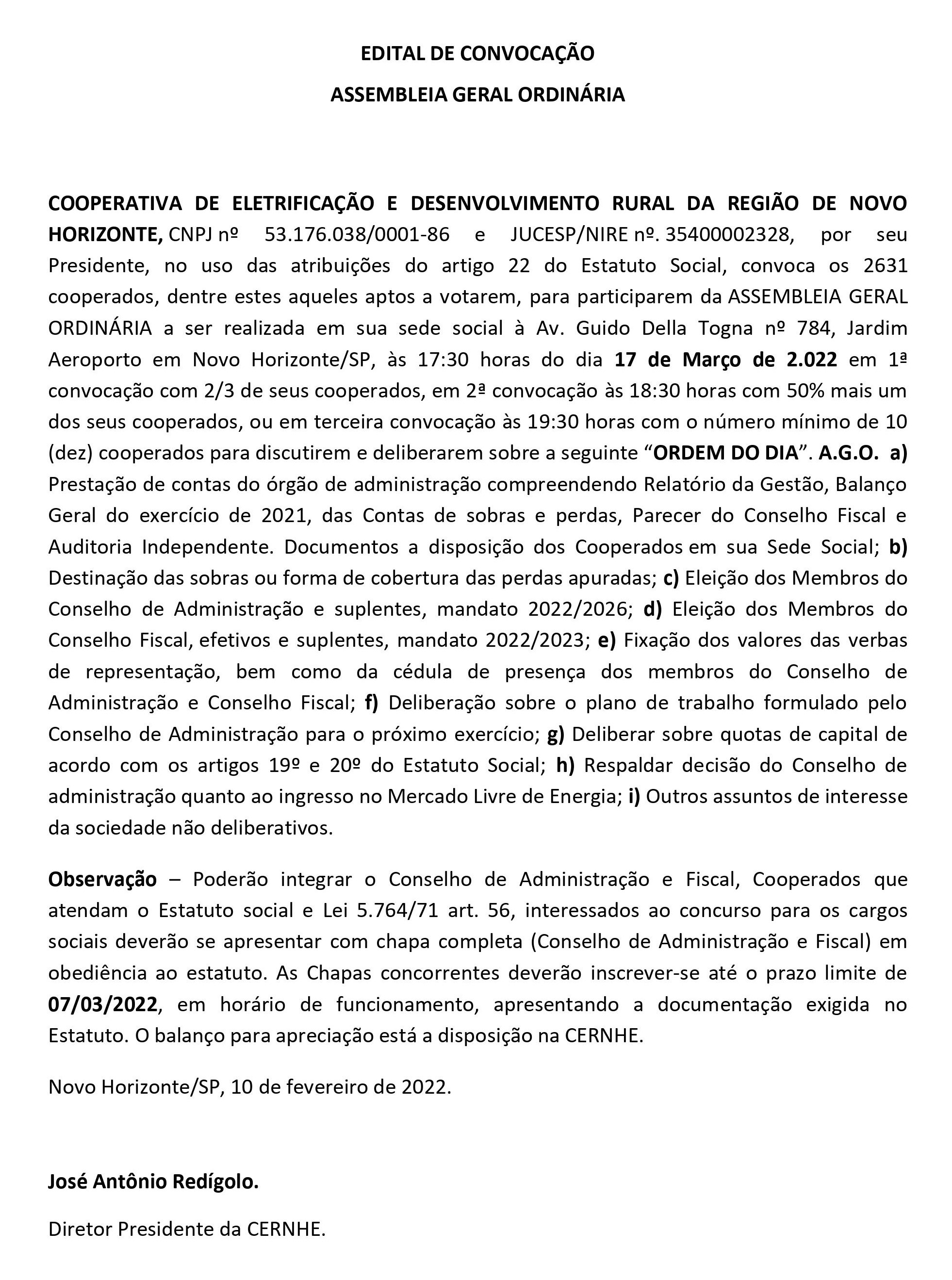 EDITAL DE CONVOCAÇÃO - ASSEMBLEIA GERAL ORDINÁRIA
