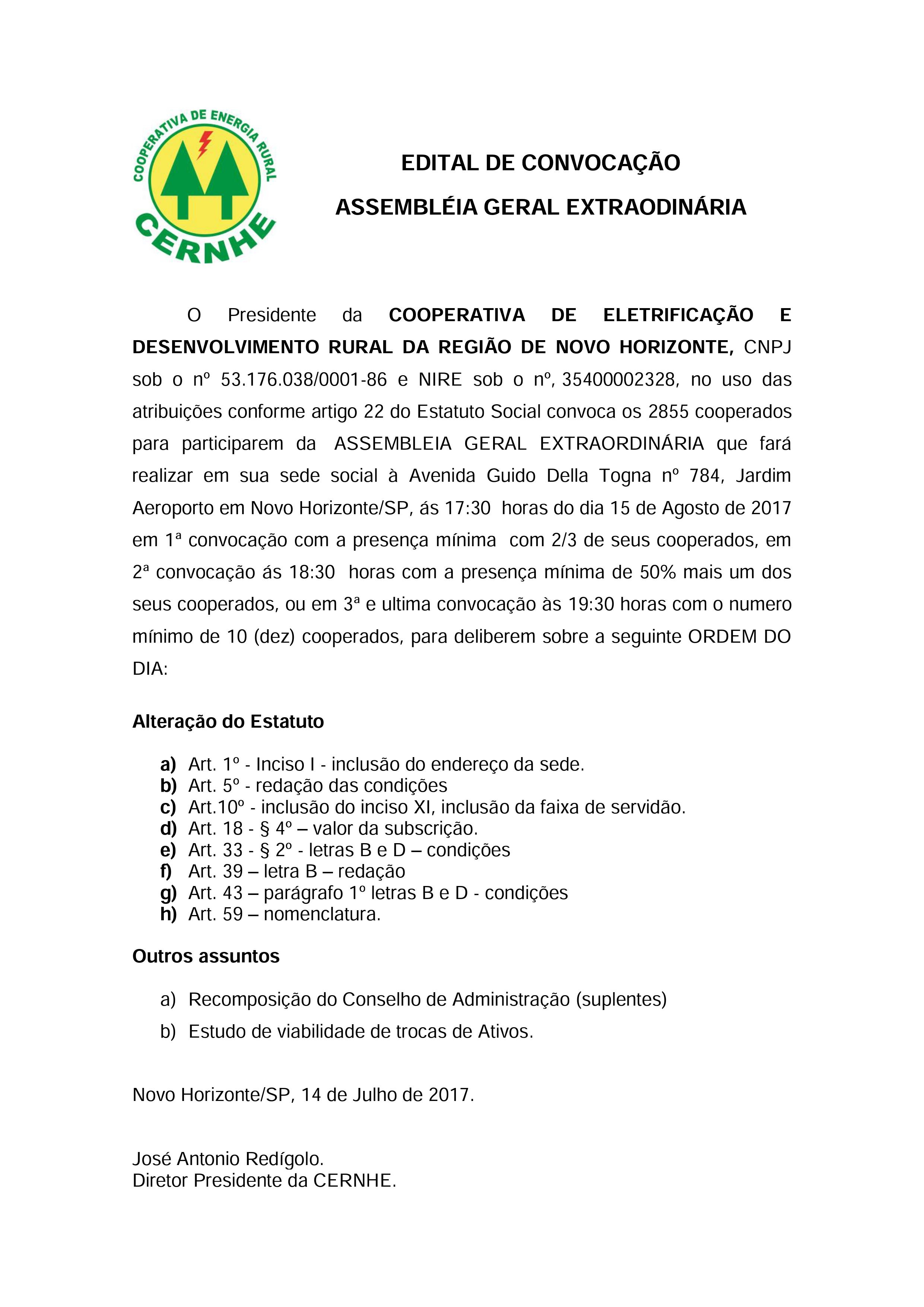 EDITAL DE CONVOCAÇÃO - ASSEMBLÉIA GERAL EXTRAORDINÁRIA