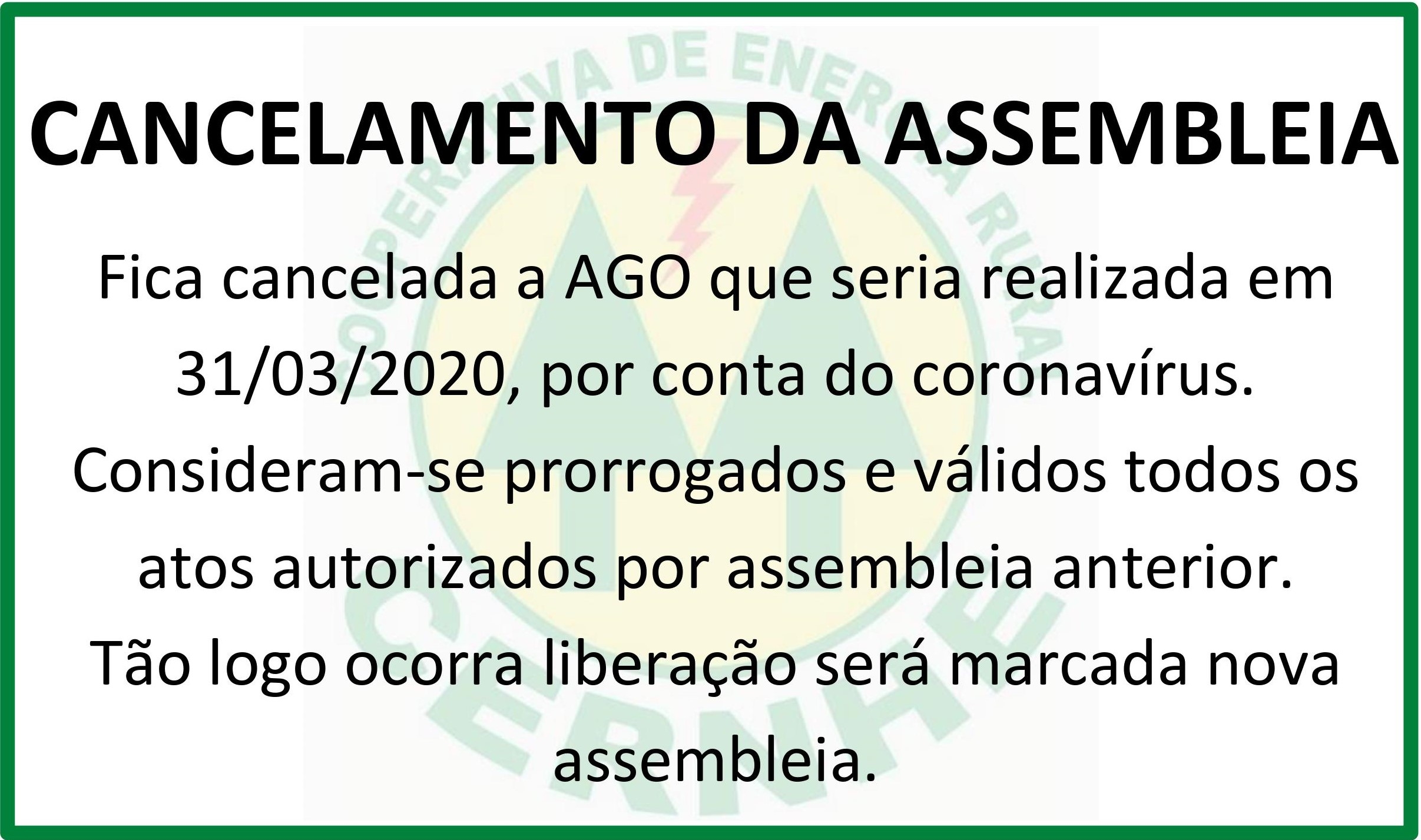 CERNHE – CANCELAMENTO DA ASSEMBLEIA