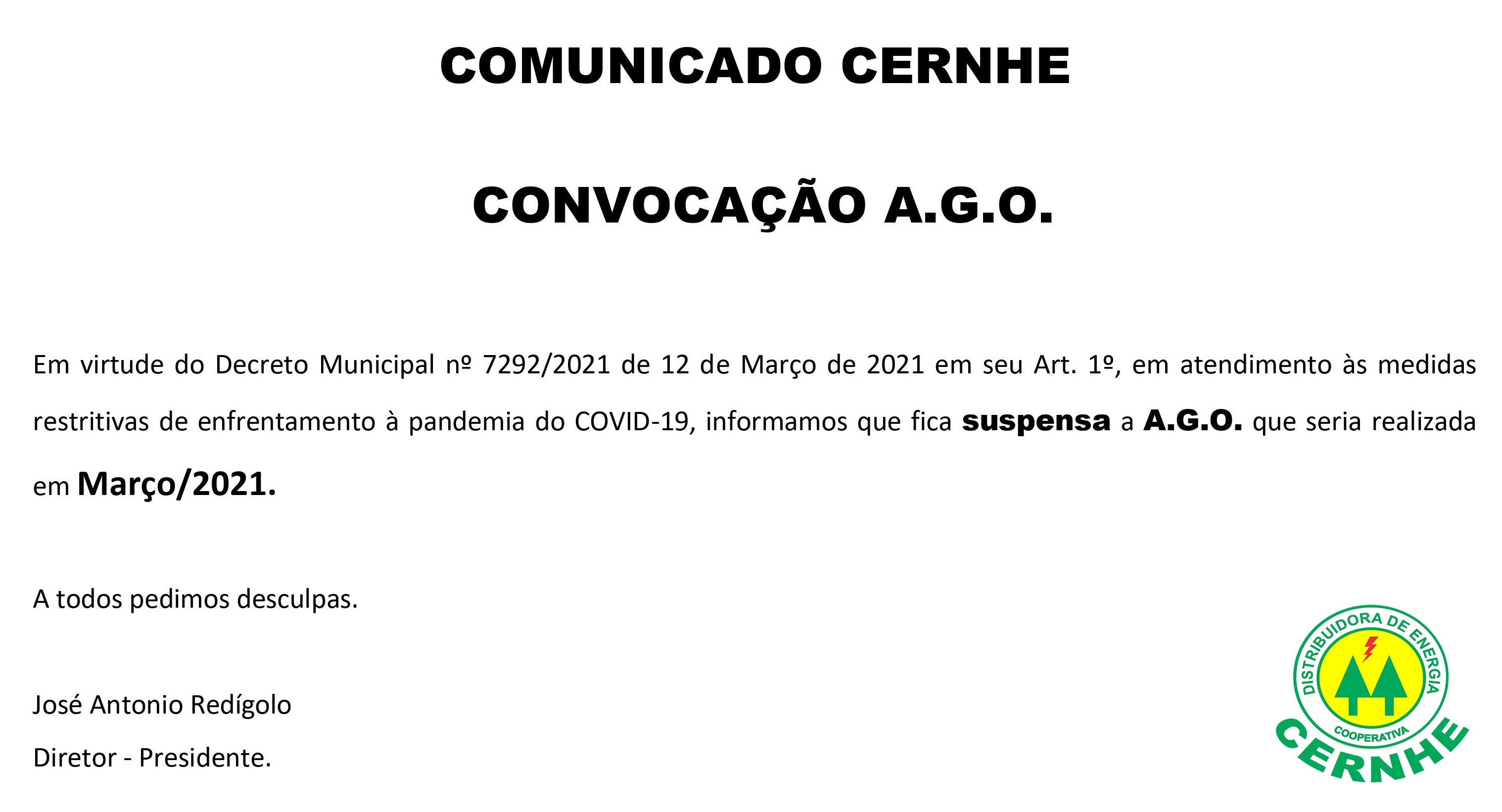 COMUNICADO CERNHE - CONVOCAÇÃO A.G.O.