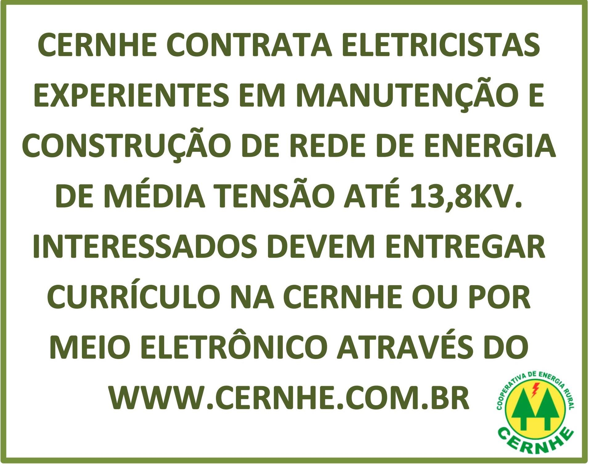 CERNHE CONTRATA ELETRICISTA COM EXPERIÊNCIA