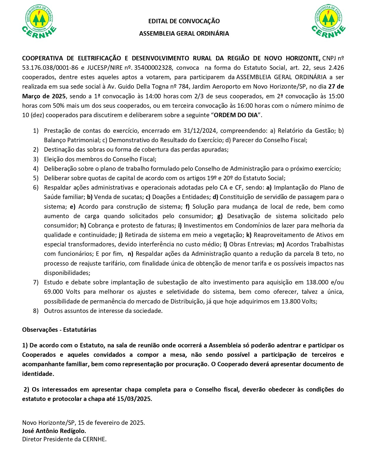 EDITAL DE CONVOCAÇÃO - ASSEMBLEIA GERAL ORDINÁRIA