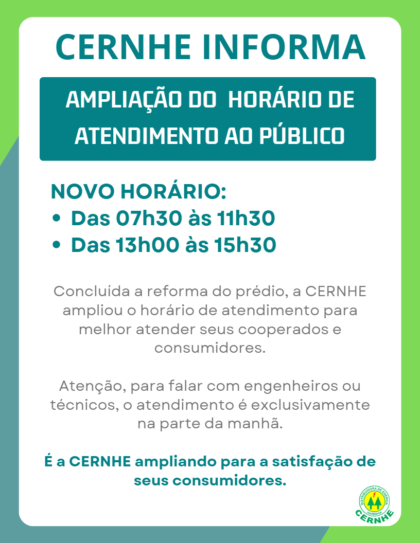 CERNHE AMPLIA HORÁRIO DE ATENDIMENTO AO PÚBLICO