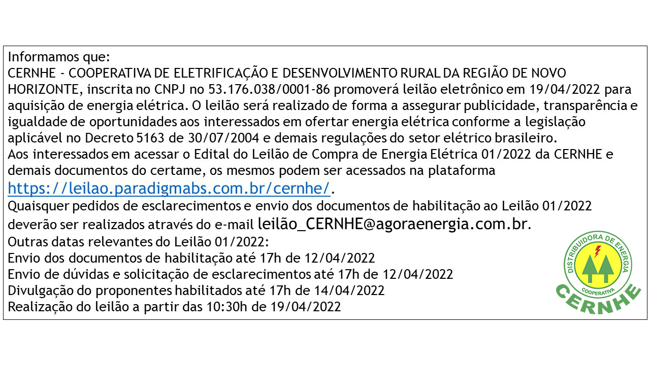 INFORMATIVO SOBRE LEILÃO DE COMPRA DE ENERGIA ELÉTRICA