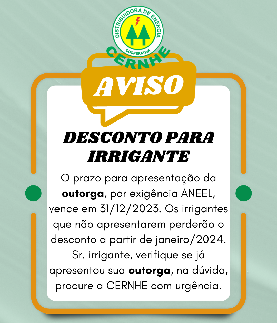 AVISO - DESCONTO PARA IRRIGANTE