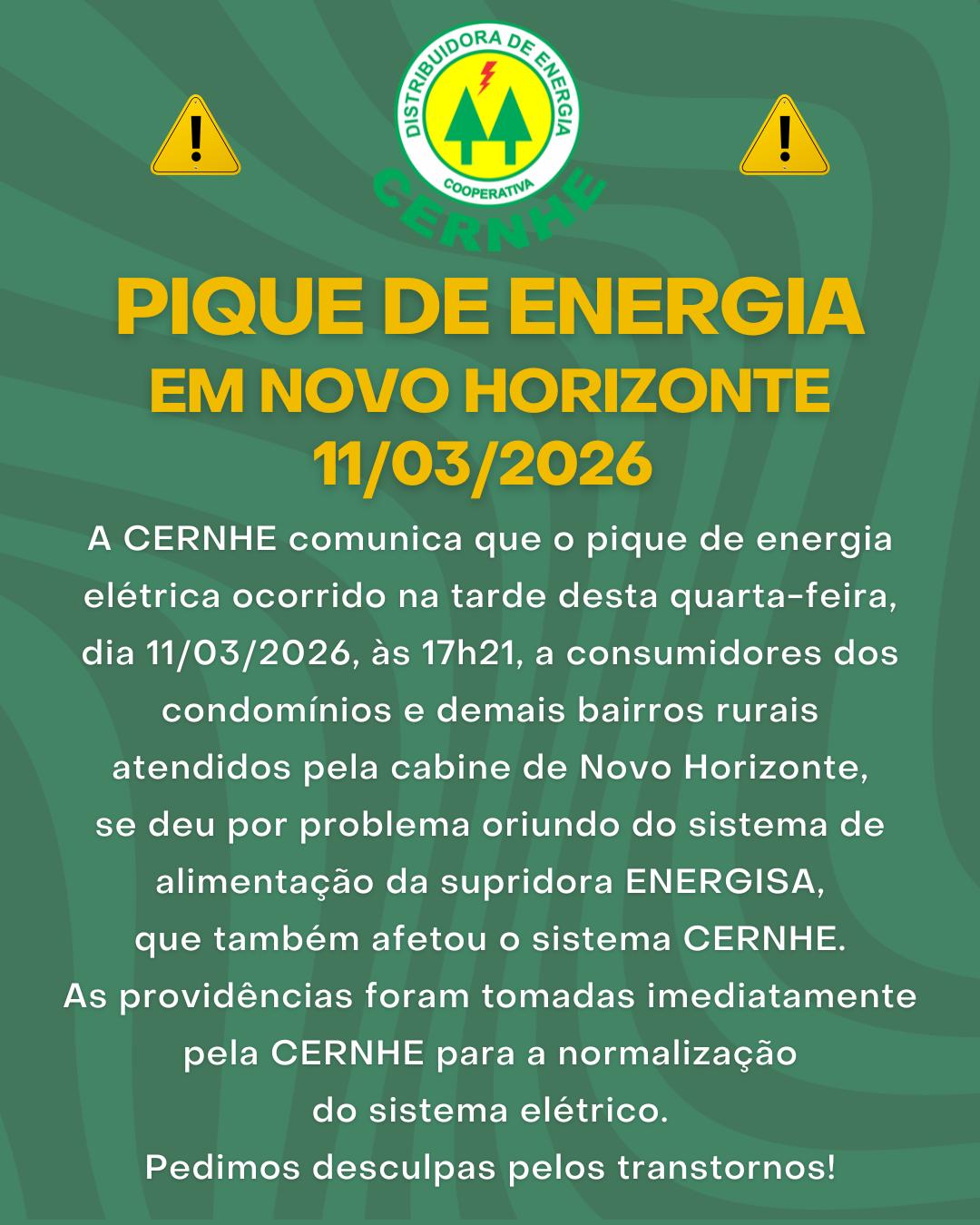 PIQUE DE ENERGIA EM NOVO HORIZONTE – 11/03/2026